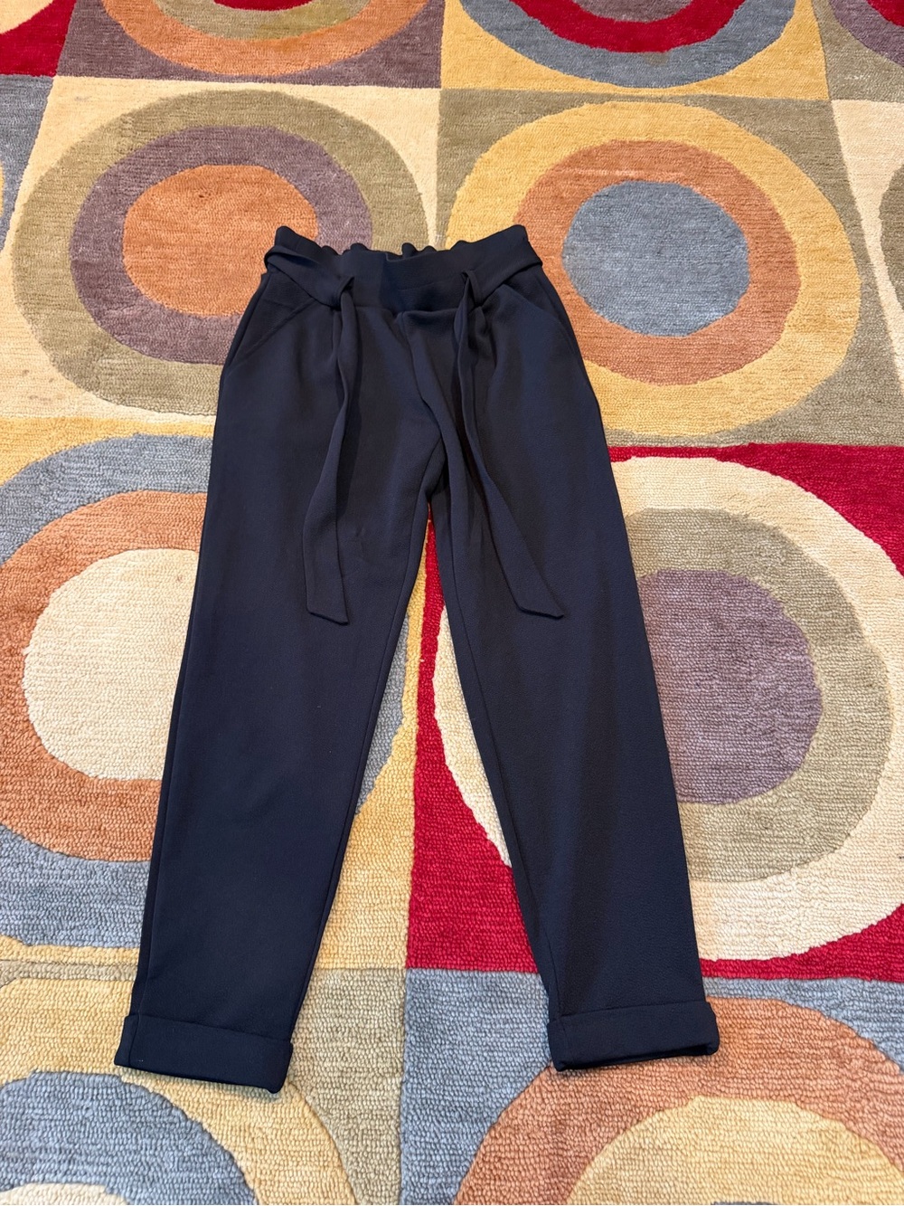 Black High Waisted Tie Waist Belt Black Cropped Ankle Pants Pockets Junior’s M